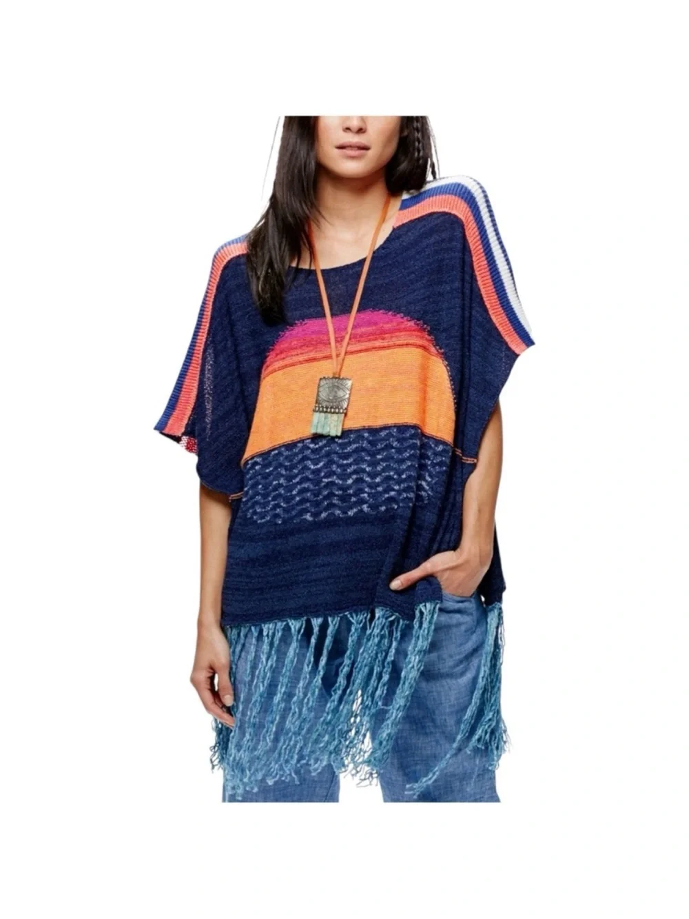 Free People Sunset Boho Fringe Poncho M/L Knit Festival Beach